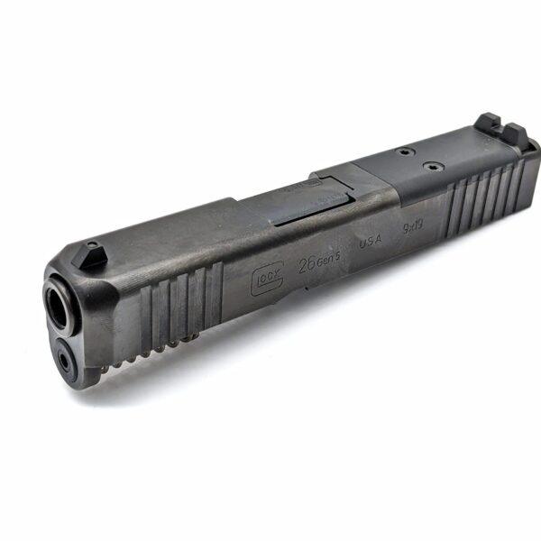 Glock 26 Gen 5 OEM MOS Slide with front serrations and factory sights, compatible with micro red dot optics.