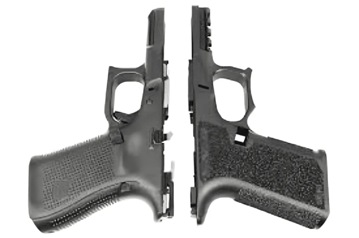 Polymer frame vs Glock frame side by side comparison showing grip texture and design differences